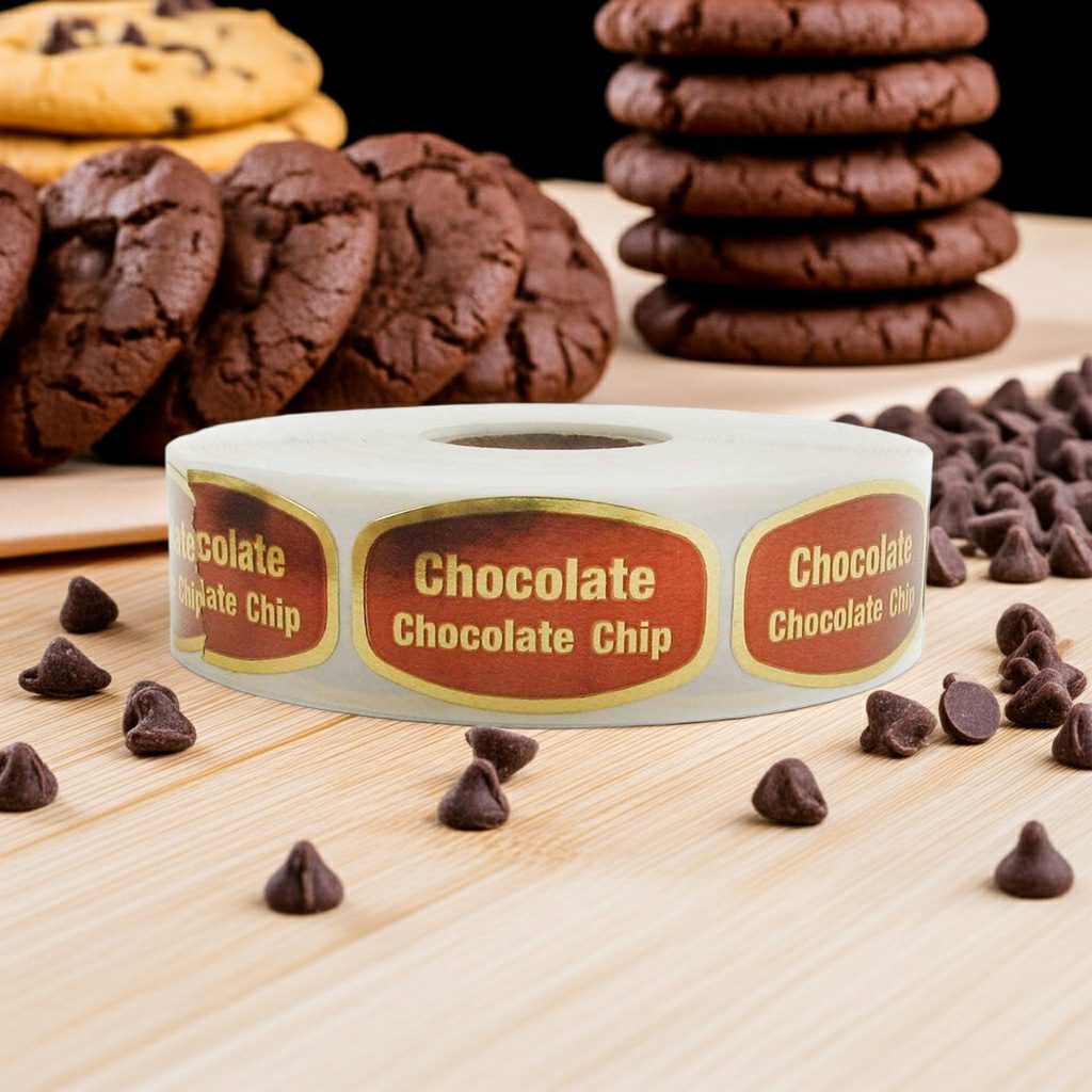 Chocolate Chocolate Chip Label – Gold Foil Bakery Stickers – 1000 per Roll