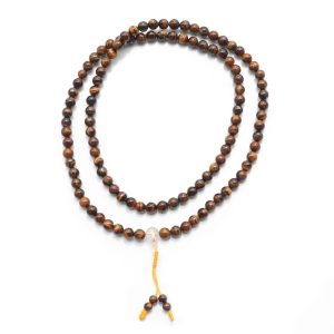 Mala necklace Tiger eye with yellow string & glass guru bead 108 beads 8 mm